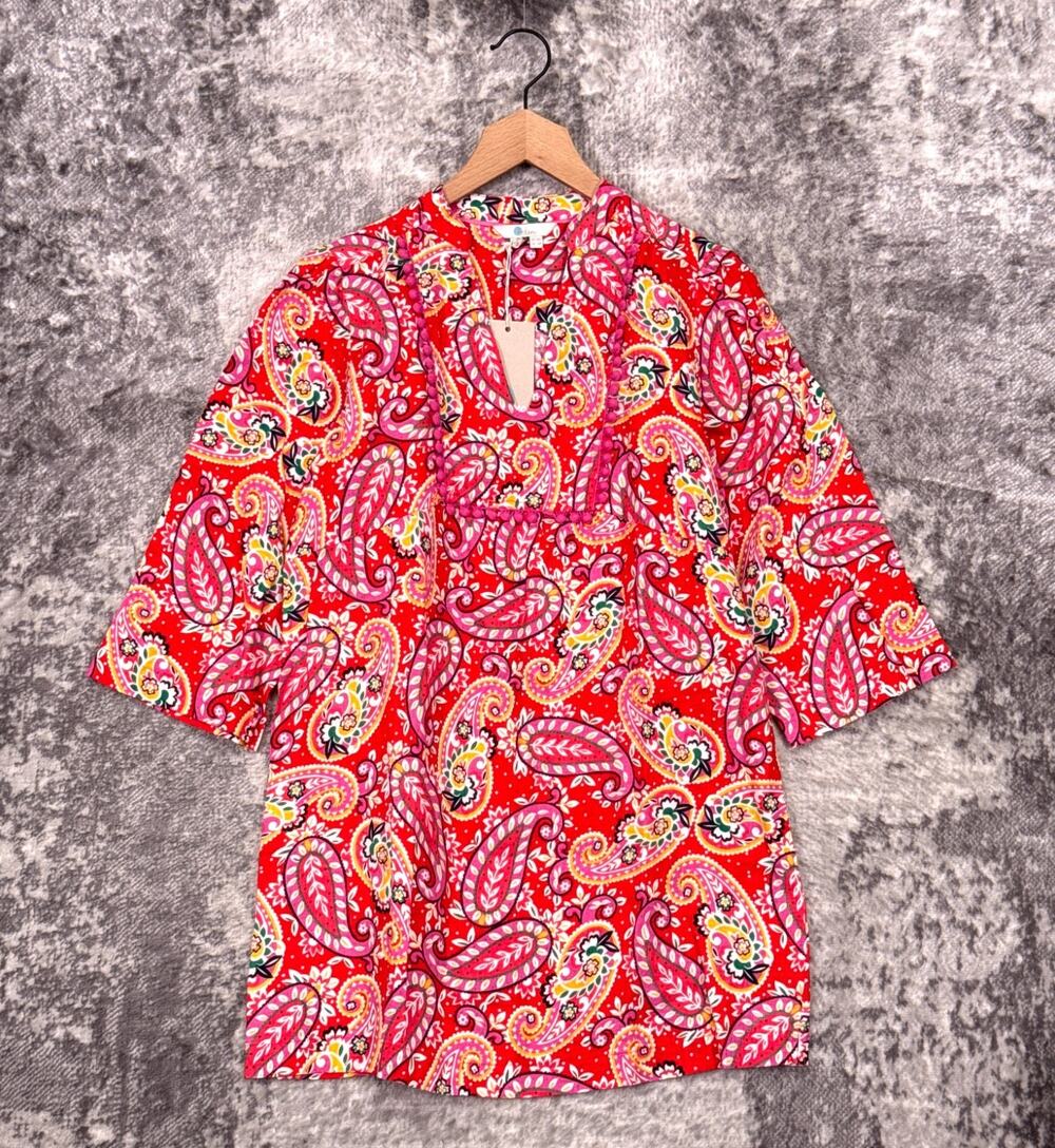 New Boden Evangeline Tunic Dress 6 Petite Womens Red Linen Paisley